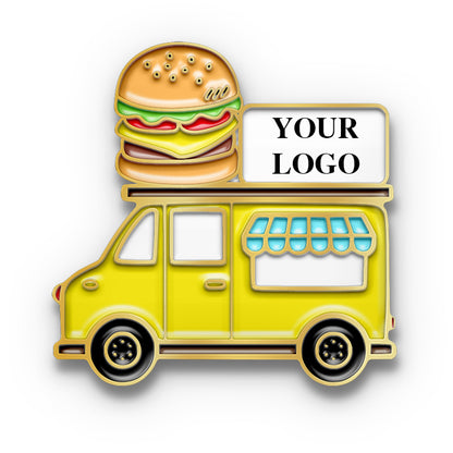 Yellow food truck with a hamburger on top and 'Your Logo' text box