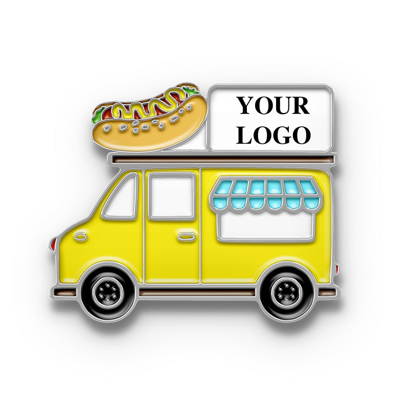 Yellow food truck with a hot dog on top, customizable with a logo.