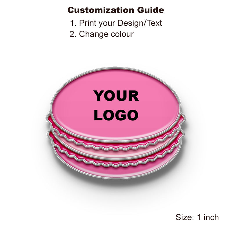 Customizable pink macaron enamel pin with silver scalloped edge, shown with YOUR LOGO sample text
