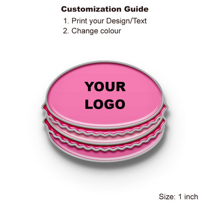 Customizable pink macaron enamel pin with silver scalloped edge, shown with YOUR LOGO sample text