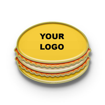 A macaron pin with pastel colors and 'YOUR LOGO' text on it.