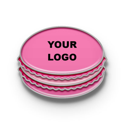 A stylized pin shaped like a macaron with a placeholder for a custom logo, in pastel colors.