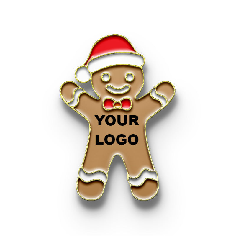 Customizable Christmas lapel pin in gold. Features a gingerbread man and your company logo, perfect for holiday gifts.