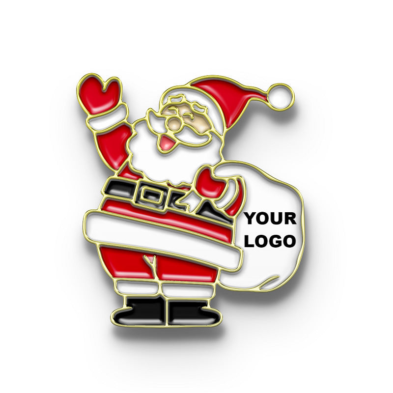Gold Lapel Santa pin, customized with a company logo. Perfect as a Christmas party favor or promotional gift.