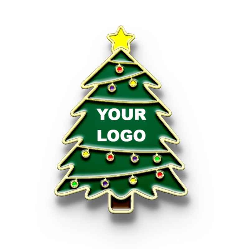 Gold Merry Christmas lapel pin with custom logo, featuring a Christmas tree design.