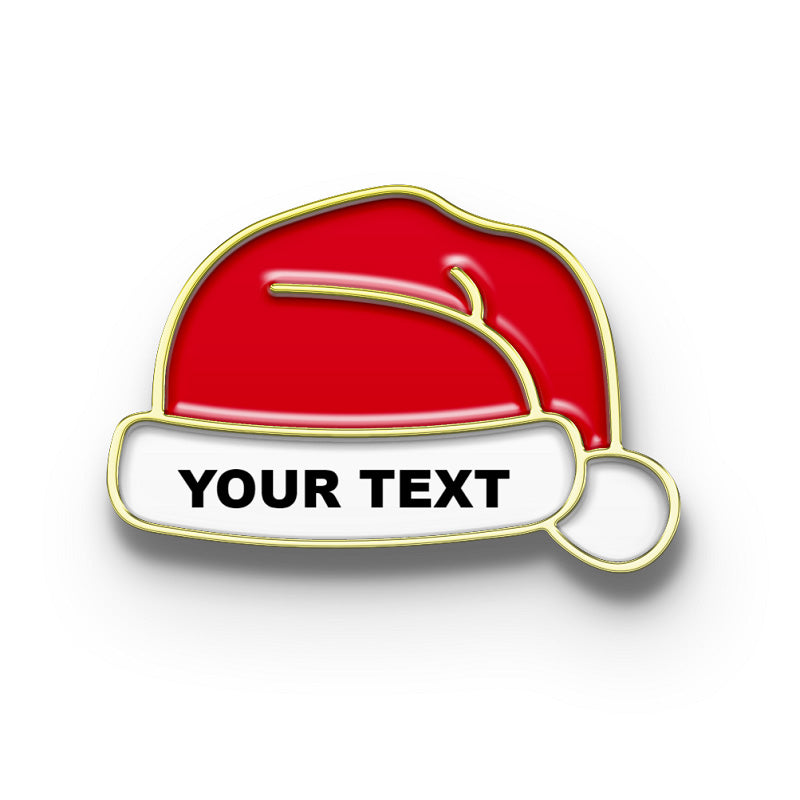 Personalized Gold Christmas Lapel Hat Pin with Custom Text for Holiday Gifts, Festive Parties, and Corporate Events.