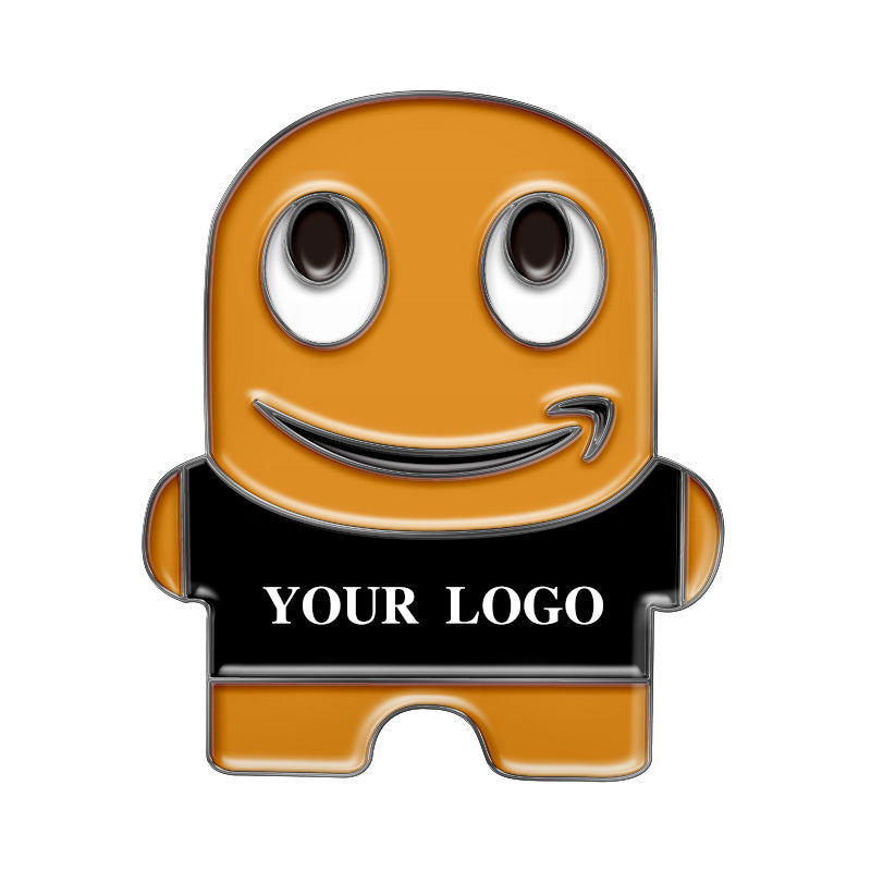 Peccy Pins Black Nickel with Hard Enamel Finish Featuring Cute Orange Mascot in Black Vest with Custom 'YOUR LOGO' Text for Branding and Employee Recognition