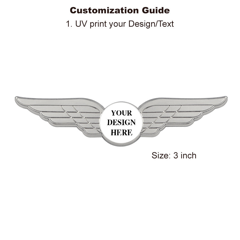 Silver Plated Pilot Wings Pin with Custom Round Logo - 3 inch