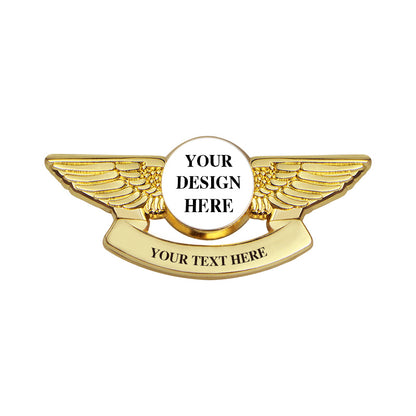 Pilot Wings Pin with Custom Round Logo Bottom Text - 2 inch