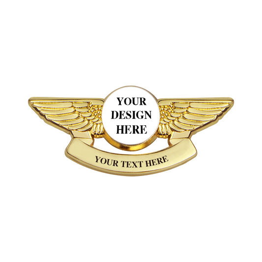 Gold Pilot Wings Pin with Custom Round Logo Bottom Text - 2 inch