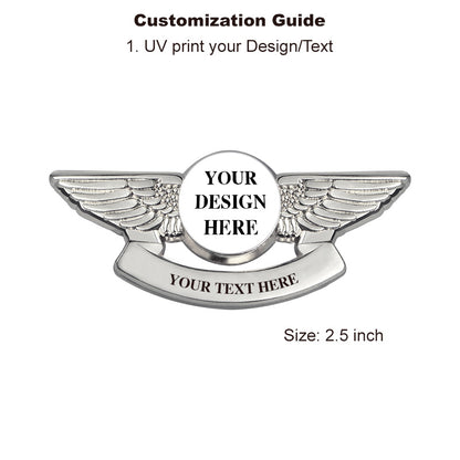 Pilot Wings Pin with Custom Round Logo Bottom Text - 2 inch