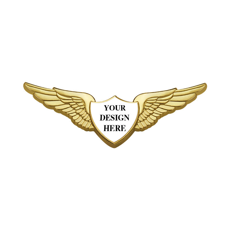 Gold Pilot Wings Pin with Custom Shield Logo - 2.5 inch