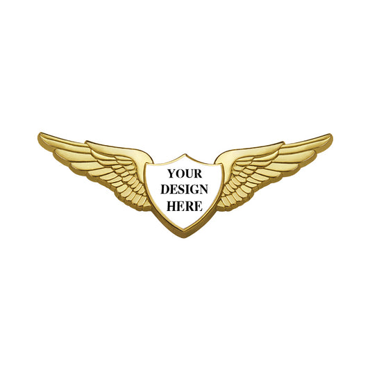Gold Pilot Wings Pin with Custom Shield Logo - 2.5 inch
