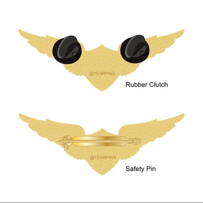Pilot Wings Pin with Custom Shield Logo - 2.5 inch Back Side