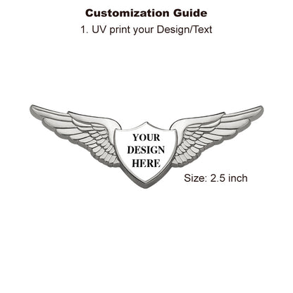 Silver Pilot Wings Pin with Custom Shield Logo - 2.5 inch