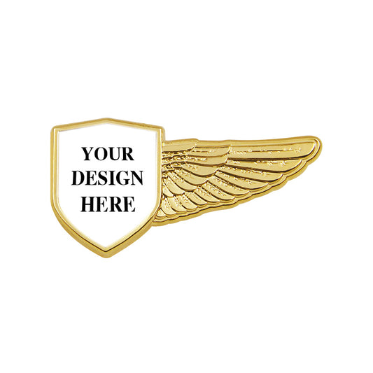 Gold Pilot Wings Pin with Custom Shield Logo - Half Wing 1.75 inch