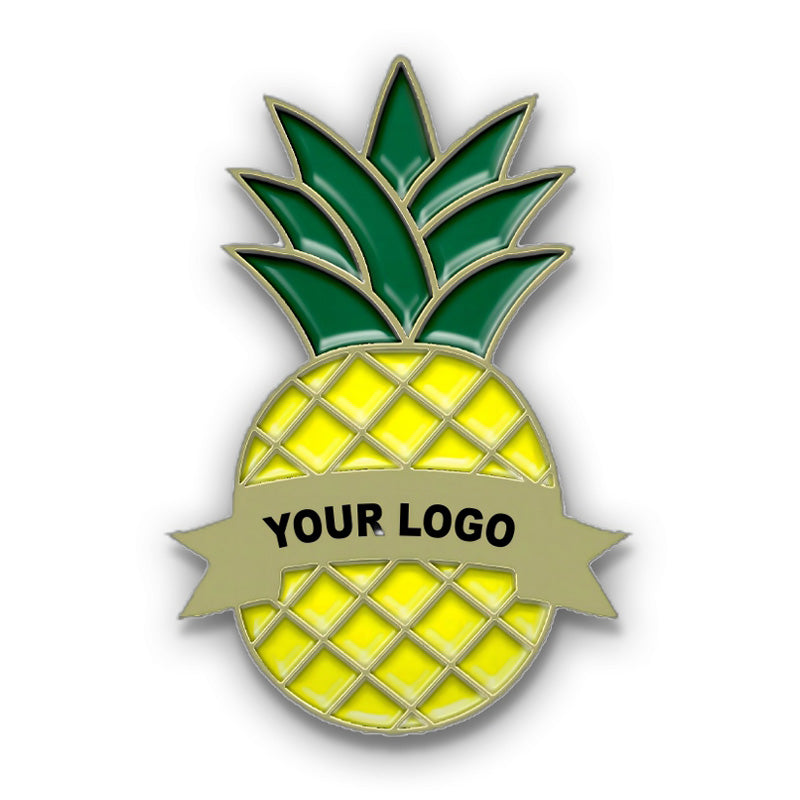 Pineapple-shaped badge with customizable ribbon logo