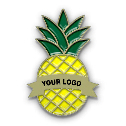 Pineapple-shaped badge with customizable ribbon logo
