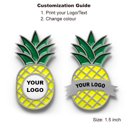 Two pineapple-shaped pins with customizable text or logo