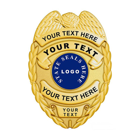Gold Police Badge with curved shield shape and custom UV printed state seal, ideal for cadet programs and commemorative law enforcement badges