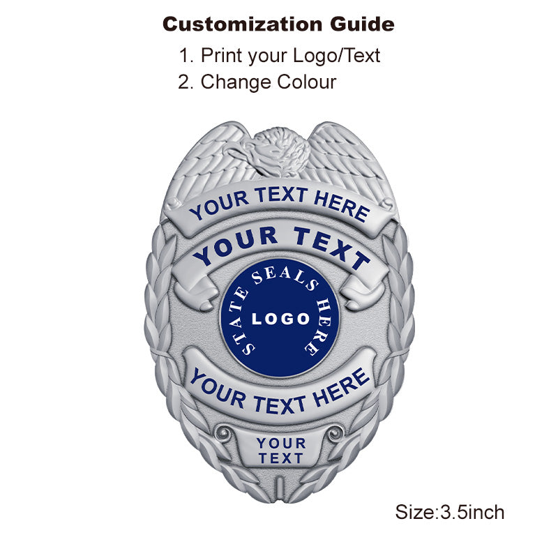 Silver Custom Police Badge with 3D curved shield and personalized seal, suitable for junior police badge or replica tactical unit style use