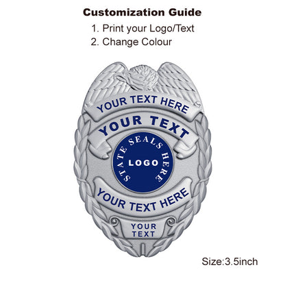 Silver Custom Police Badge with 3D curved shield and personalized seal, suitable for junior police badge or replica tactical unit style use