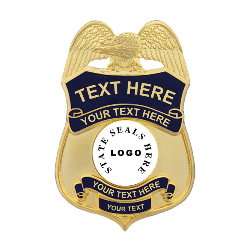 Custom Gold Law Enforcement Shield Badge with cutout design, curved surface, UV state emblem, for cadet or honor shield badge programs