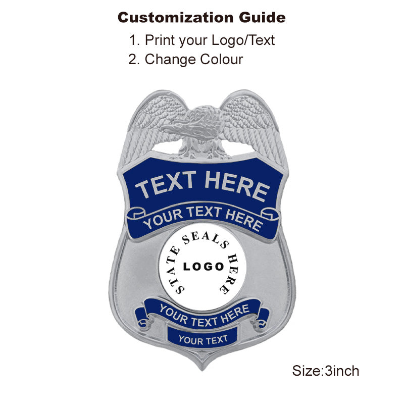 Silver Custom Law Enforcement Badge with 3D cut-out frame and UV state seal, great for youth programs and commemorative police use