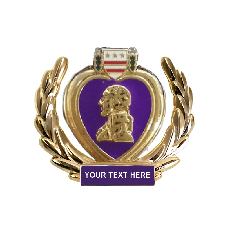 Custom Purple Heart lapel pin in purple and gold, featuring a portrait of George Washington, laurel wreath design, and space for custom text on a plaque.
