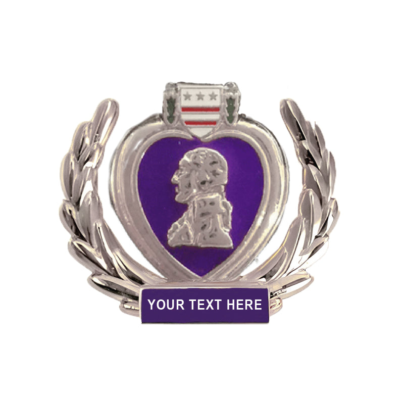 Custom silver purple heart lapel pin featuring a portrait of George Washington, stars and stripes accent, wheat ear borders, and a purple plaque with space for custom text.