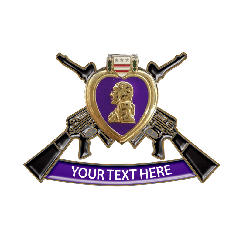 Custom gold lapel pin featuring a Purple Heart medal with crossed black pistols, Army insignia, and purple ribbon with space for custom text.