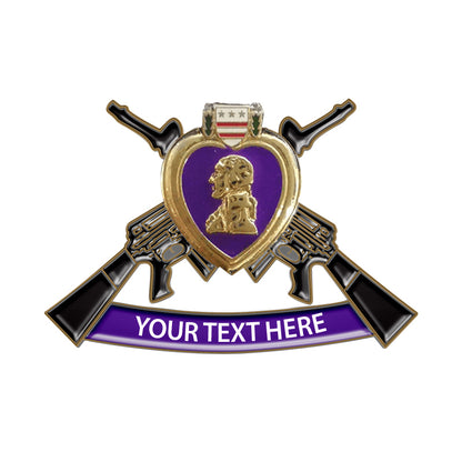 Custom gold lapel pin featuring a Purple Heart medal with crossed black pistols, Army insignia, and purple ribbon with space for custom text.
