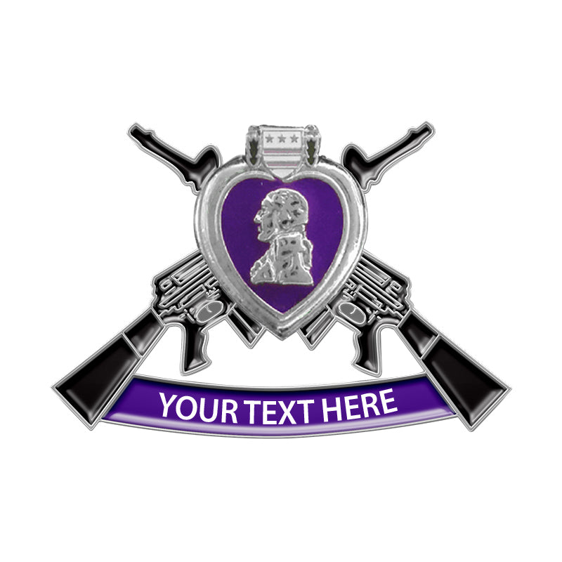 Custom silver lapel pin featuring a purple heart with soldier silhouette, crossed black rifles, and ribbon with space for custom text.