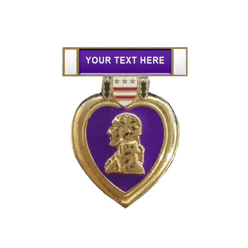Custom purple heart lapel pin featuring a gold George Washington portrait, purple enamel background, gold border, and a ribbon at the top with space for custom text.