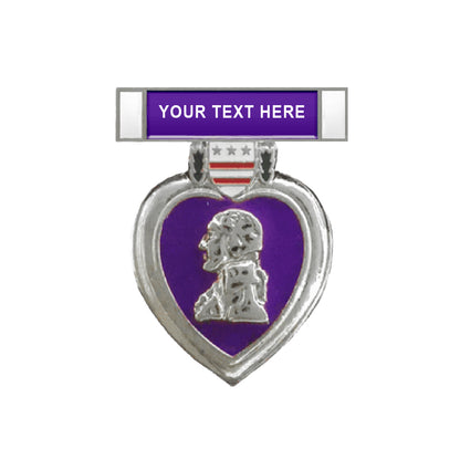 Custom silver purple heart lapel pin featuring a George Washington portrait, purple enamel background, silver border, and a top ribbon with space for custom text.