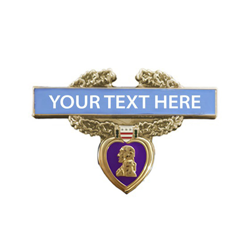 Custom gold purple heart lapel pin featuring a heart-shaped purple medal with golden portrait, laurel wreath, blue bar with space for custom text, and red-white stripe accent.