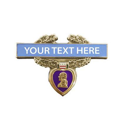 Custom gold purple heart lapel pin featuring a heart-shaped purple medal with golden portrait, laurel wreath, blue bar with space for custom text, and red-white stripe accent.