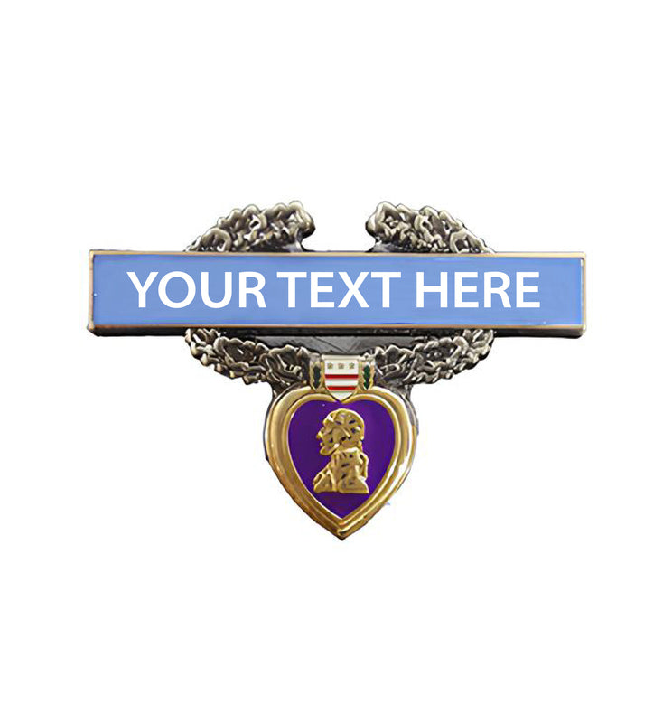 Custom purple heart veteran lapel pin featuring a heart-shaped design with gold George Washington portrait, silver laurel wreath, and blue plaque with space for custom text.