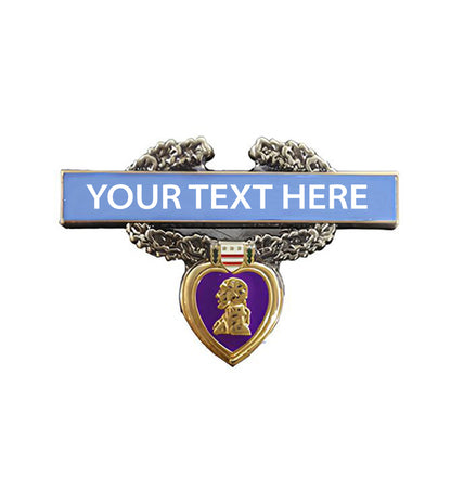 Custom purple heart veteran lapel pin featuring a heart-shaped design with gold George Washington portrait, silver laurel wreath, and blue plaque with space for custom text.