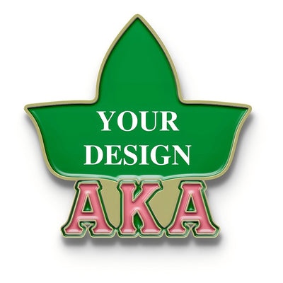 Gold AKA Sorority Pin with green star and 'YOUR DESIGN' text, showcasing a custom design example.
