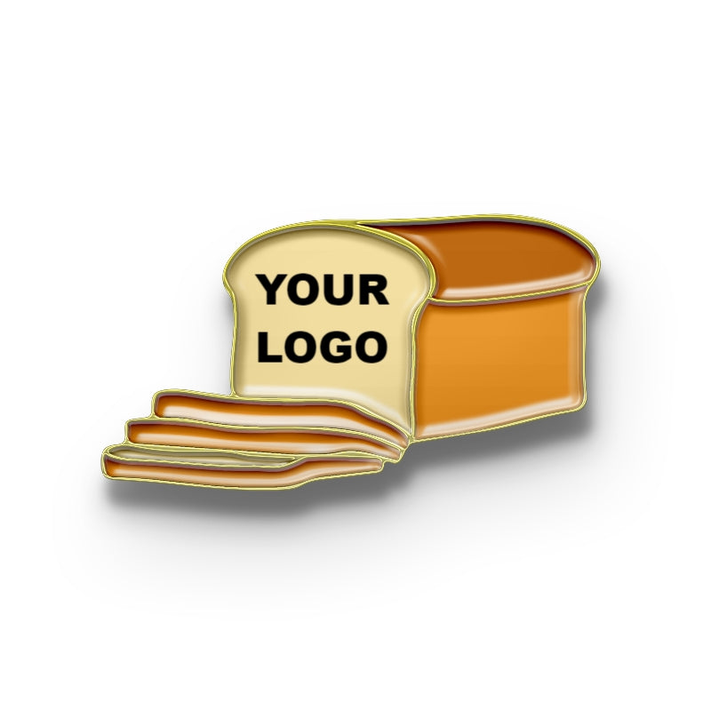 A pin badge depicting a piece of toasted bread with a placeholder for a custom logo.