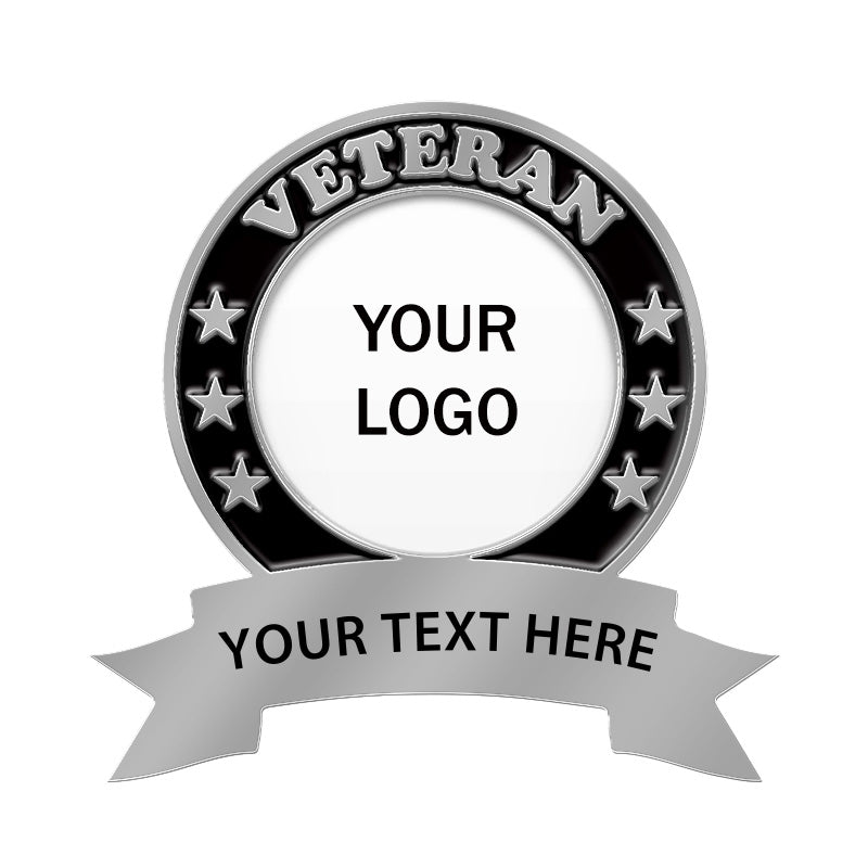 Custom round veteran lapel pin, featuring a black border with "VETERAN" text and stars, central area for custom logo, and ribbon with space for custom text.