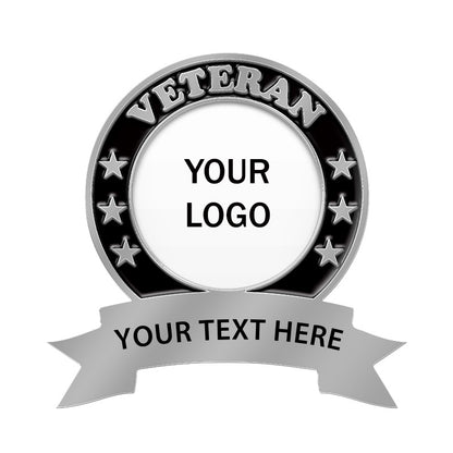 Custom round veteran lapel pin, featuring a black border with "VETERAN" text and stars, central area for custom logo, and ribbon with space for custom text.