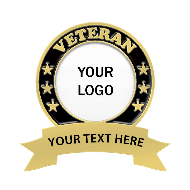 Custom round veteran lapel pin in gold, featuring "VETERAN" text at top, stars around the border, and ribbon with space for custom logo and text.