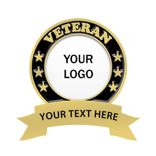 Custom round veteran lapel pin in gold, featuring "VETERAN" text at top, stars around the border, and ribbon with space for custom logo and text.
