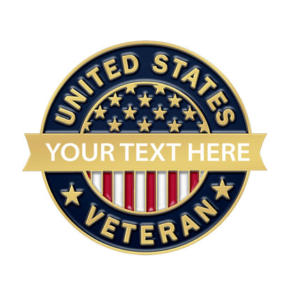 Custom round veteran pin with gold border, featuring patriotic stars and stripes design and custom text on ribbon.