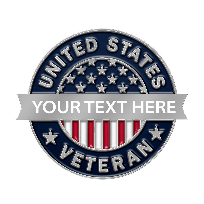 Custom round veteran pin with silver border, featuring patriotic stars and stripes design and custom text on ribbon.
