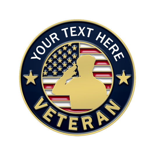 Custom round veteran pin with gold accents, featuring a saluting soldier silhouette against US flag design, dark blue border with gold stars, and space for custom text.