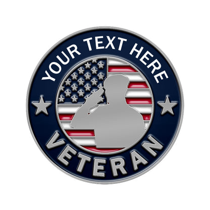 Custom round veteran pin with silver border, featuring a saluting soldier silhouette against US flag design, stars, and space for custom text.