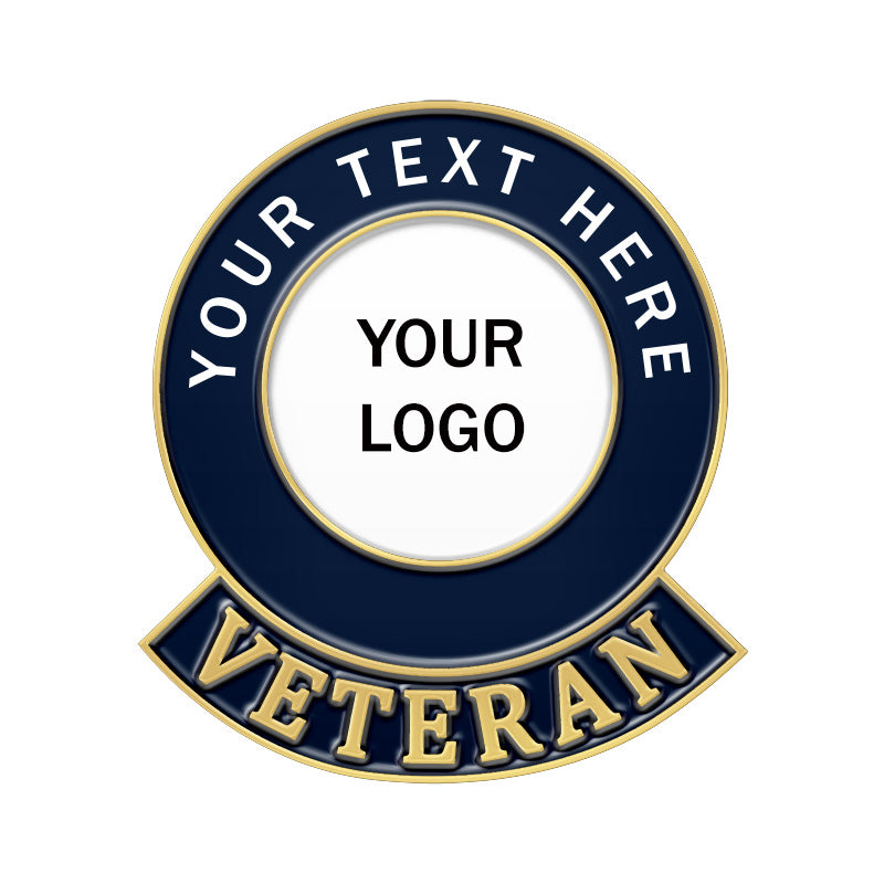 Custom round veteran lapel pin in gold and navy blue, featuring a central area for custom logo, "VETERAN" text on a golden ribbon, and space for custom text at the top.